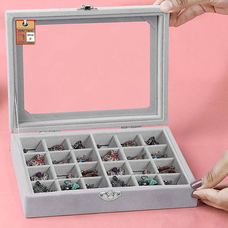 Atorakushon ring earring storage case 24 compartments ring velvet display case box locker box set organizer(grey)