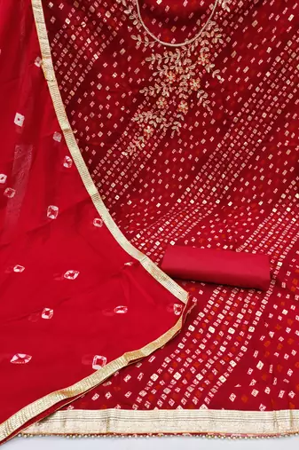 Red Premium Jam Cotton Handwork Dress Material