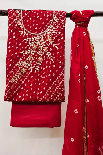 Red Premium Jam Cotton Handwork Dress Material