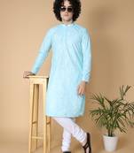 Namaskar Rayon Cotton Full Sleeve Chikankari Embroidery Knee Length Sky Kurta For Men