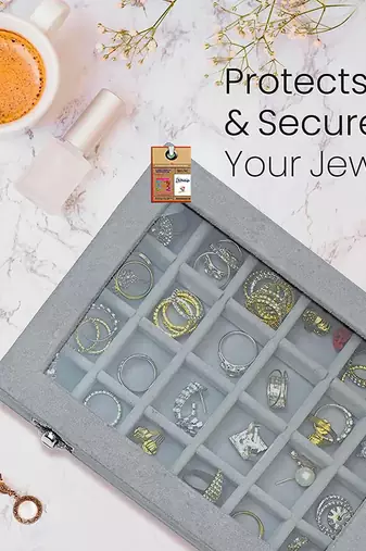 Atorakushon ring earring storage case 24 compartments ring velvet display case box locker box set organizer(grey)