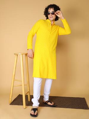 Namaskar Rayon Cotton Full Sleeve Chikankari Self design Knee Length Light Yellow Kurta For Men 1