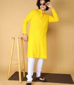 Namaskar Rayon Cotton Full Sleeve Chikankari Self design Knee Length Light Yellow Kurta For Men