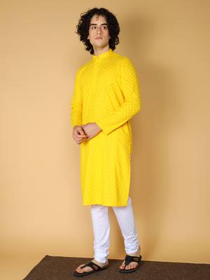 Namaskar Rayon Cotton Full Sleeve Chikankari Self design Knee Length Light Yellow Kurta For Men 2