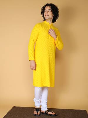 Namaskar Rayon Cotton Full Sleeve Chikankari Self design Knee Length Light Yellow Kurta For Men 3