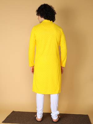 Namaskar Rayon Cotton Full Sleeve Chikankari Self design Knee Length Light Yellow Kurta For Men 4
