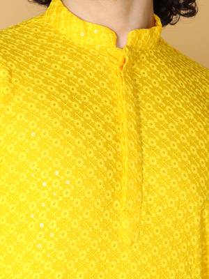 Namaskar Rayon Cotton Full Sleeve Chikankari Self design Knee Length Light Yellow Kurta For Men 5