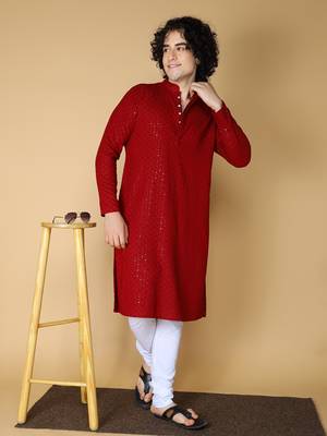 Namaskar Rayon Cotton Full Sleeve Chikankari Self design Knee Length Maroon Kurta For Men 1