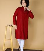 Namaskar Rayon Cotton Full Sleeve Chikankari Self design Knee Length Maroon Kurta For Men