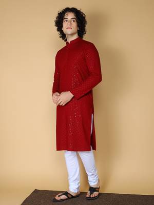 Namaskar Rayon Cotton Full Sleeve Chikankari Self design Knee Length Maroon Kurta For Men 2
