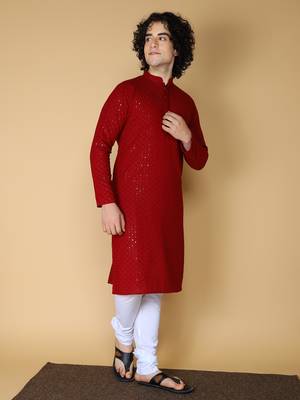 Namaskar Rayon Cotton Full Sleeve Chikankari Self design Knee Length Maroon Kurta For Men 3