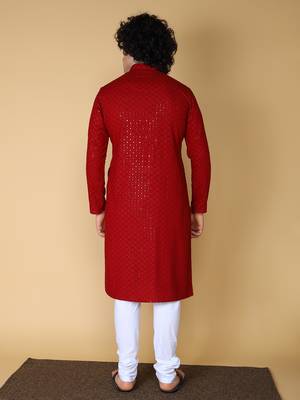 Namaskar Rayon Cotton Full Sleeve Chikankari Self design Knee Length Maroon Kurta For Men 4