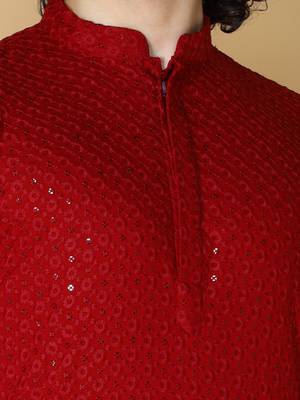 Namaskar Rayon Cotton Full Sleeve Chikankari Self design Knee Length Maroon Kurta For Men 5