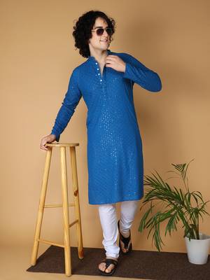 Namaskar Rayon Cotton Full Sleeve Chikankari Self design Knee Length Navy Blue Kurta For Men 1