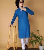 Namaskar Rayon Cotton Full Sleeve Chikankari Self design Knee Length Navy Blue Kurta For Men