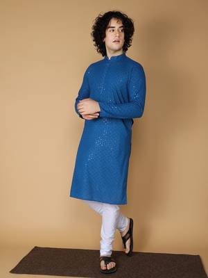 Namaskar Rayon Cotton Full Sleeve Chikankari Self design Knee Length Navy Blue Kurta For Men 2