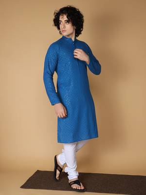 Namaskar Rayon Cotton Full Sleeve Chikankari Self design Knee Length Navy Blue Kurta For Men 3
