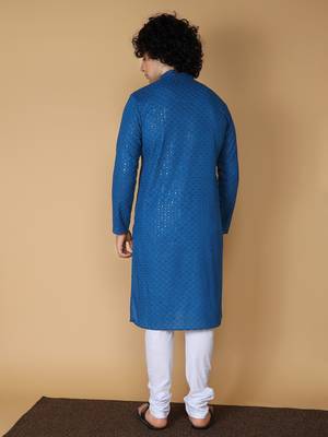 Namaskar Rayon Cotton Full Sleeve Chikankari Self design Knee Length Navy Blue Kurta For Men 4