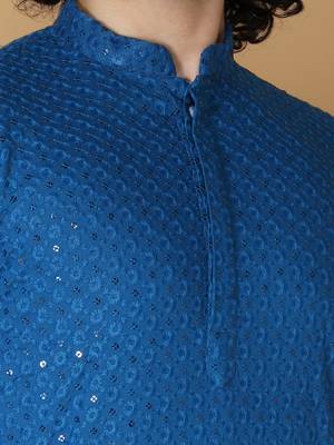 Namaskar Rayon Cotton Full Sleeve Chikankari Self design Knee Length Navy Blue Kurta For Men 5