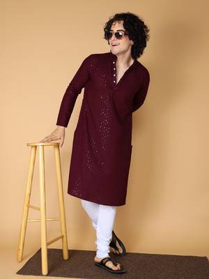 Namaskar Rayon Cotton Full Sleeve Chikankari Self design Knee Length Coffee Kurta For Men 1