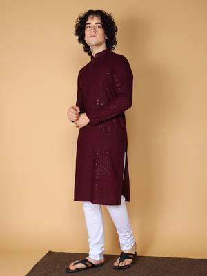 Namaskar Rayon Cotton Full Sleeve Chikankari Self design Knee Length Coffee Kurta For Men 2
