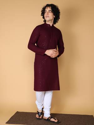 Namaskar Rayon Cotton Full Sleeve Chikankari Self design Knee Length Coffee Kurta For Men 3
