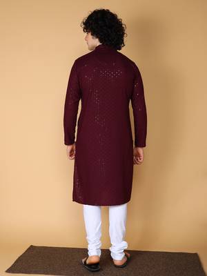 Namaskar Rayon Cotton Full Sleeve Chikankari Self design Knee Length Coffee Kurta For Men 4