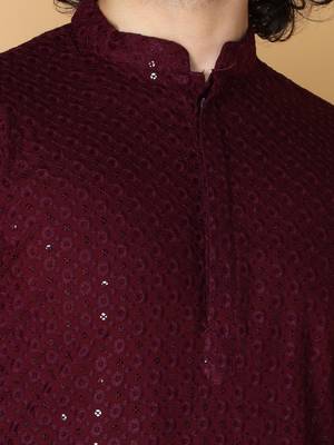 Namaskar Rayon Cotton Full Sleeve Chikankari Self design Knee Length Coffee Kurta For Men 5