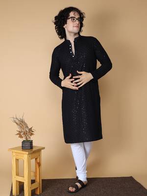 Namaskar Rayon Cotton Full Sleeve Chikankari Self design Knee Length Black Kurta For Men 1