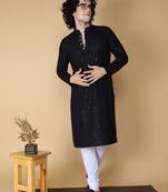 Namaskar Rayon Cotton Full Sleeve Chikankari Self design Knee Length Black Kurta For Men