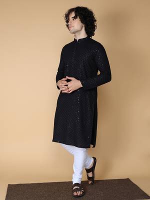 Namaskar Rayon Cotton Full Sleeve Chikankari Self design Knee Length Black Kurta For Men 2