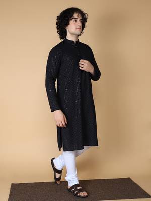 Namaskar Rayon Cotton Full Sleeve Chikankari Self design Knee Length Black Kurta For Men 3