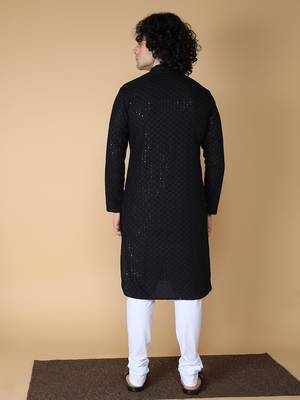 Namaskar Rayon Cotton Full Sleeve Chikankari Self design Knee Length Black Kurta For Men 4