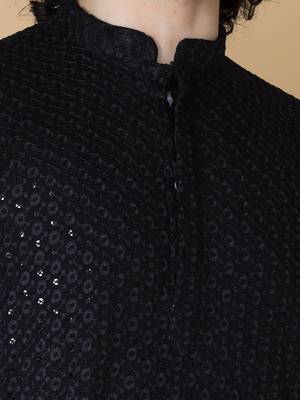 Namaskar Rayon Cotton Full Sleeve Chikankari Self design Knee Length Black Kurta For Men 5