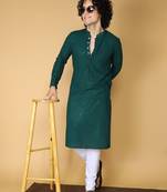 Namaskar Rayon Cotton Full Sleeve Chikankari Self design Knee Length Green Kurta Set For Men