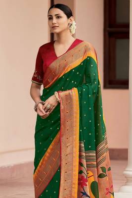 Pure Green Colour Paithani Saree With Maroon Worked Blouse 1