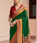 Pure Green Colour Paithani Saree With Maroon Worked Blouse