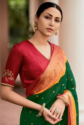 Pure Green Colour Paithani Saree With Maroon Worked Blouse 2