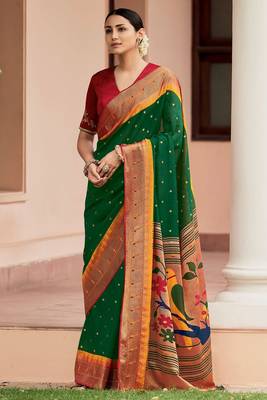 Pure Green Colour Paithani Saree With Maroon Worked Blouse 4