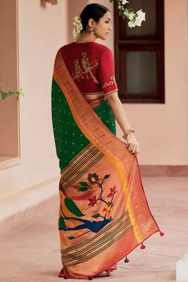 Pure Green Colour Paithani Saree With Maroon Worked Blouse 5