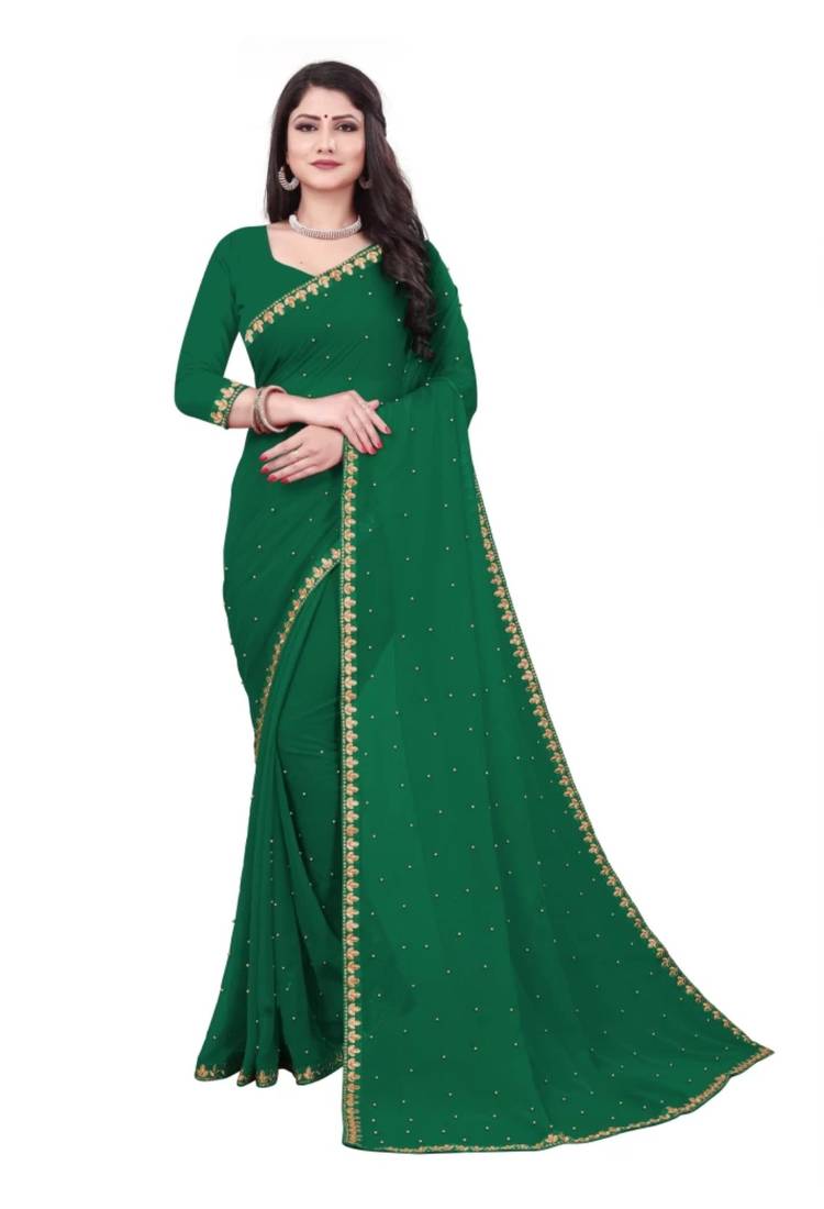 Green embroider border with placement mirror work lycra blend saree with blouse piece.