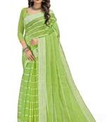 Light green self woven striped daily wear cotton blend sari with blouse piece.