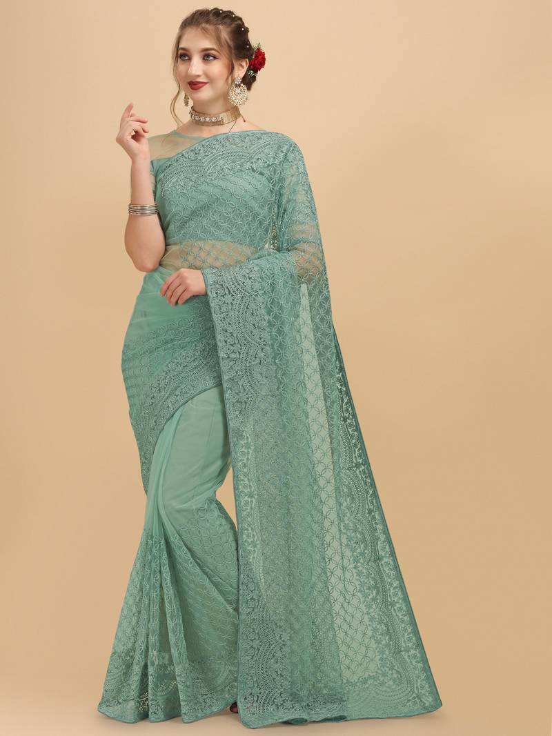 Rama embroidery paty wear contemporary net saree with blouse piece.