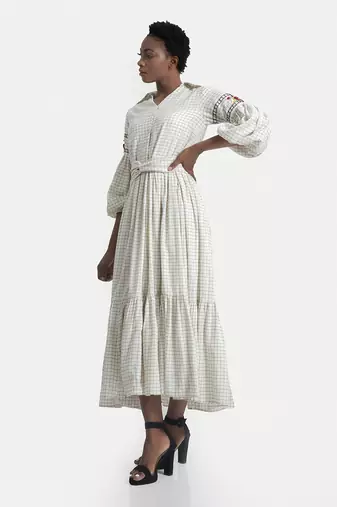 White sand esme flared wrap waist dress