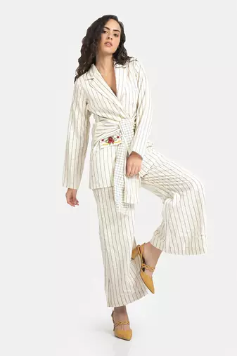 White sand odette wrap waist jacket set