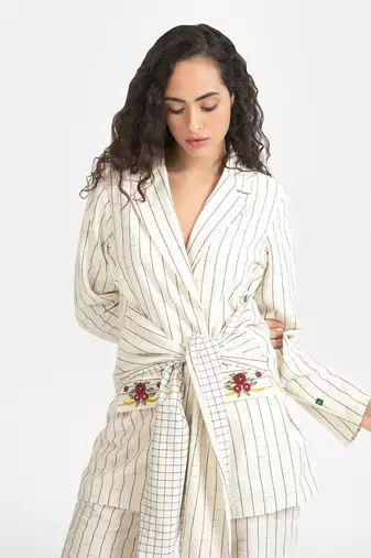 White sand odette wrap waist jacket set
