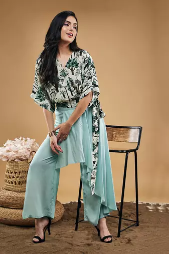 Multicolor palm bay printed top with drape pants