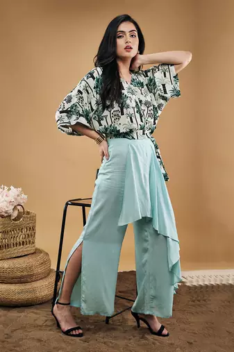 Multicolor palm bay printed top with drape pants
