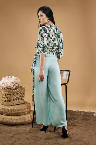 Multicolor palm bay printed top with drape pants