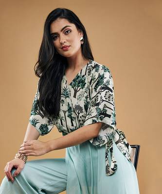 Multicolor palm bay printed top with drape pants 5